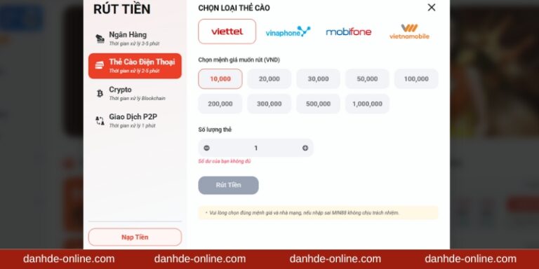 Chọn nhà mạng và số tiền muốn rút
