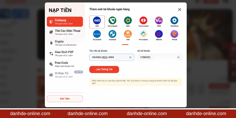Chọn hình thức nạp tiền CODEPAY