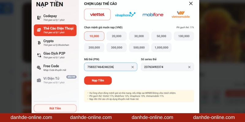 Điền thông tin thẻ cào